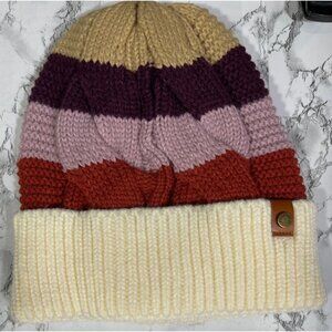 Frye & Co. Womens Patchwork Striped Knit Beanie Hat Acrylic Multi-Color